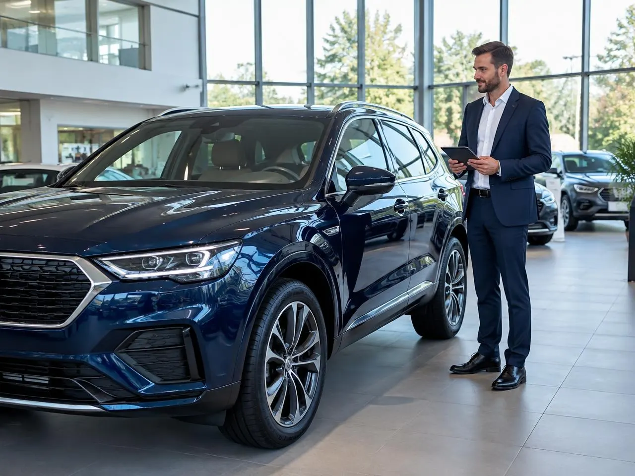 Konsultantas su planšete prie tamsiai mėlyno SUV automobilių salone