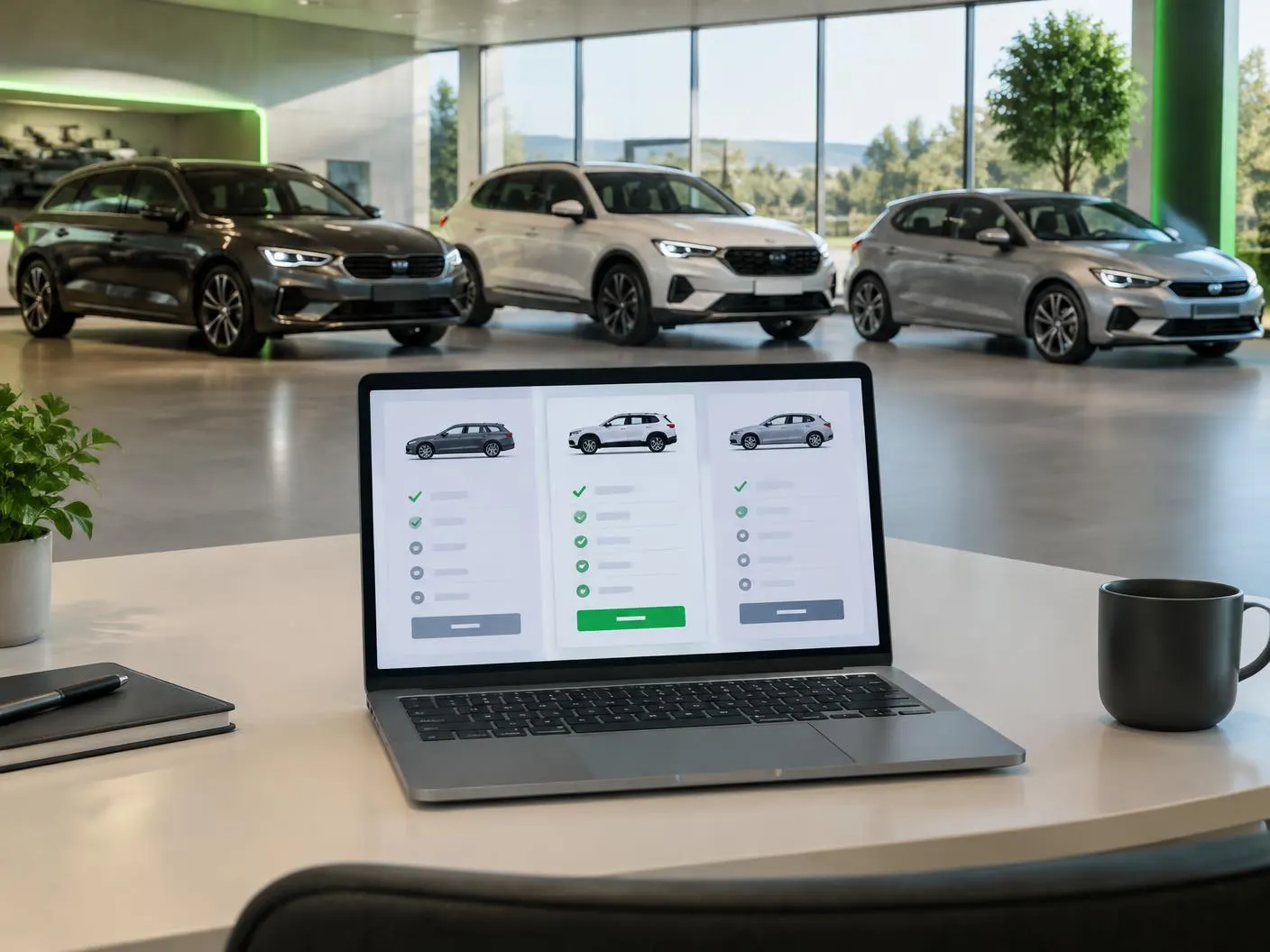 Nešiojamasis kompiuteris su trijų automobilių palyginimu, fone trys automobiliai salone