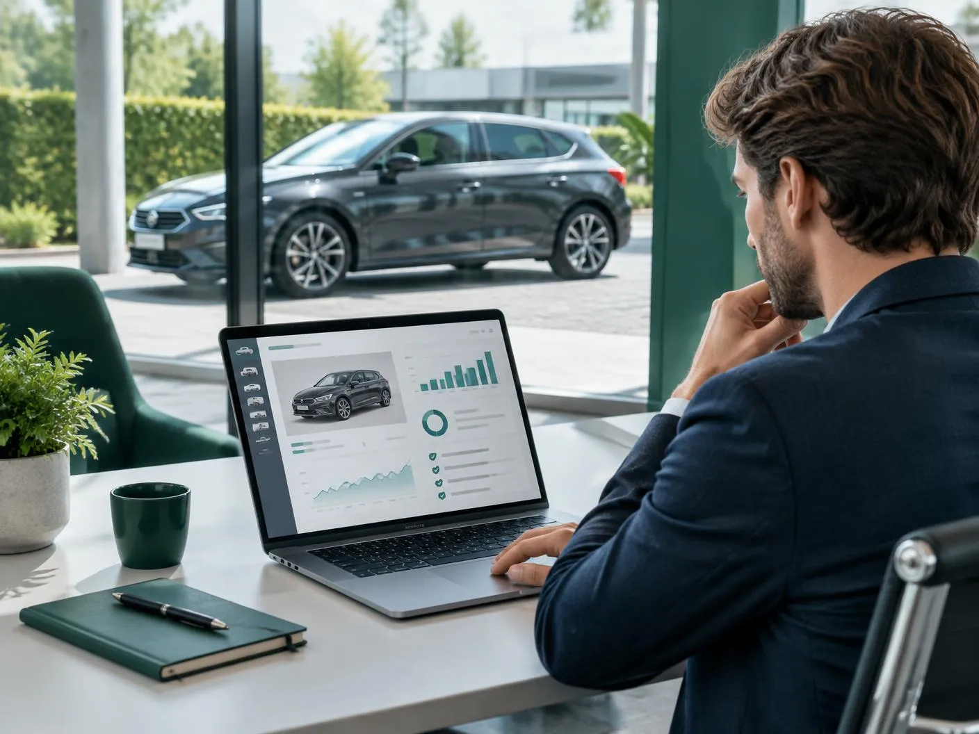 Konsultantas nešiojamajame kompiuteryje analizuoja automobilio skelbimą, už lango – automobilis