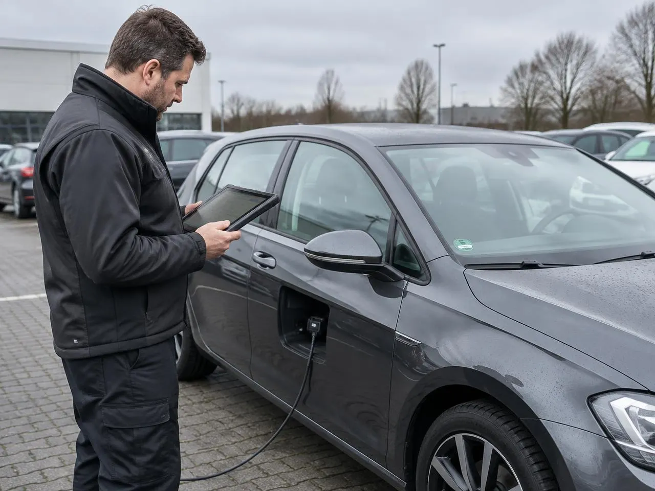 Specialistas tikrina automobilį su diagnostikos įranga