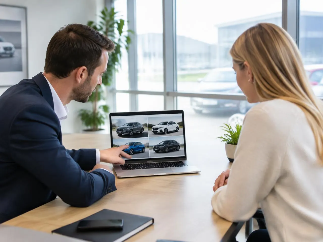 Konsultantas su klientu peržiūri automobilių variantus kompiuteryje
