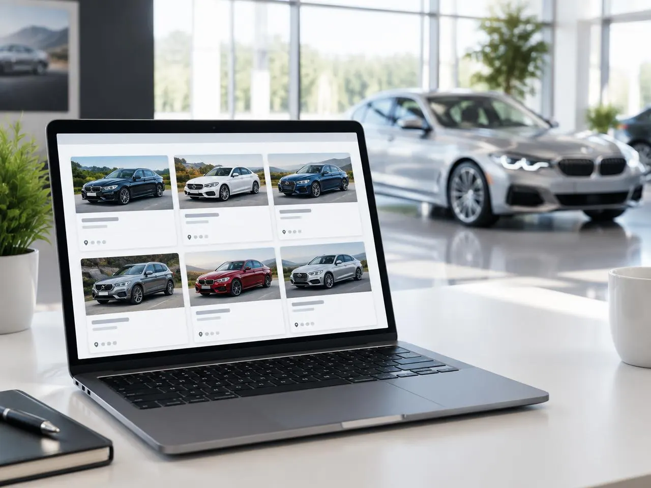 Nešiojamasis kompiuteris su automobilių pasiūlymų kortelėmis, fone sidabrinis automobilis