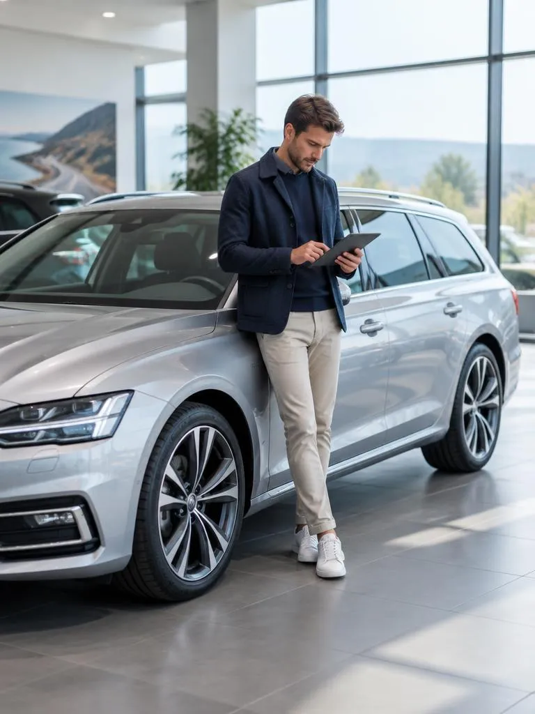 Pirkėjas su planšete prie automobilio