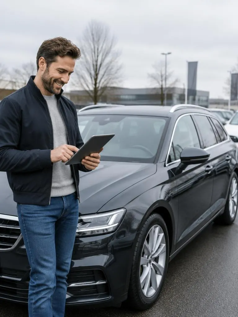 Pirkėjas su planšete prie automobilio