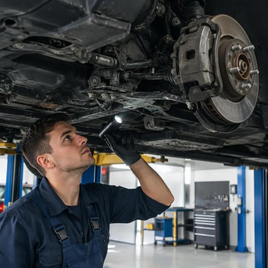 Specialistas tikrina automobilio važiuoklę ir stabdžius